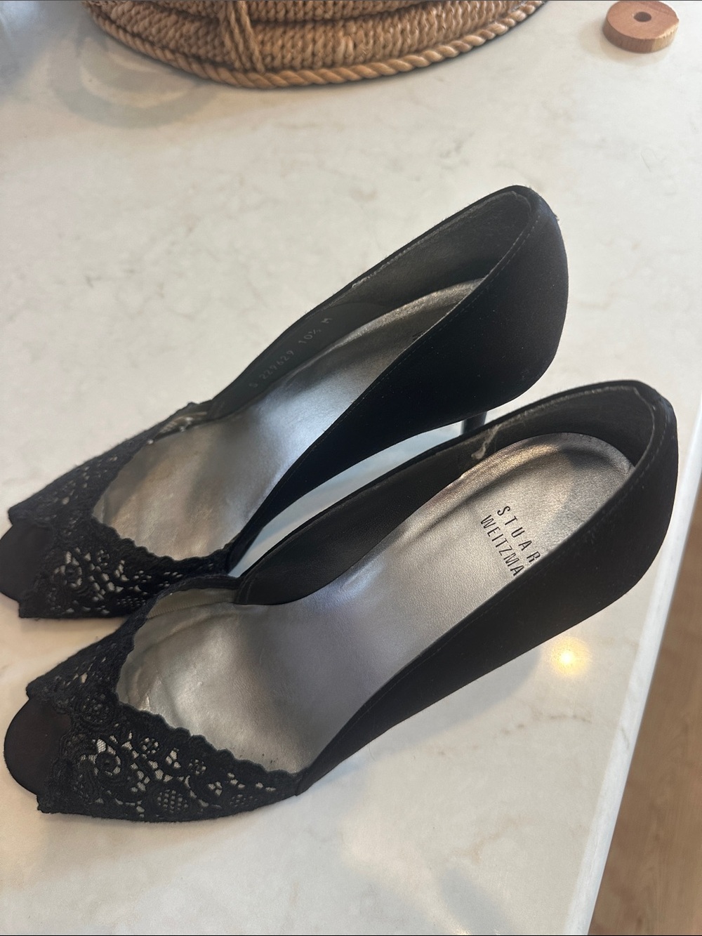 Stuart Weitzman Black Lace Peep-Toe Heels